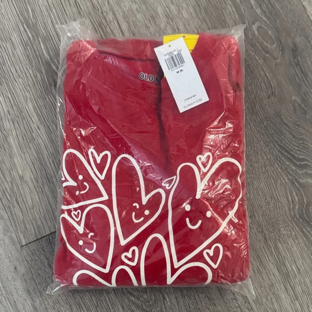Old Navy Kids Medium Pajama Set Long Sleeve Long Pants with White Hearts NWT
